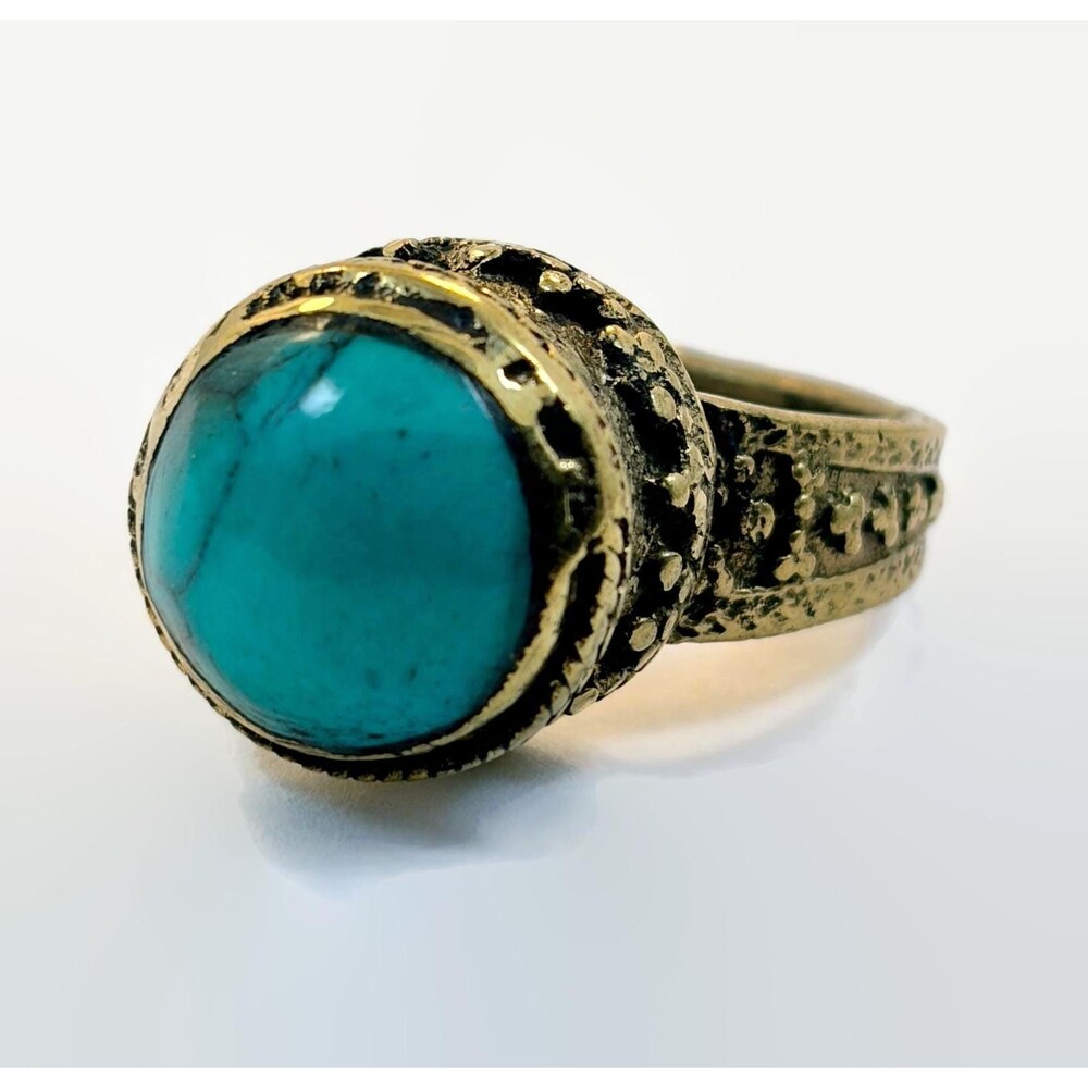 Vintage Afghan Kuchi Ring, Green Composite Stone, Brass, Size 8 1/2